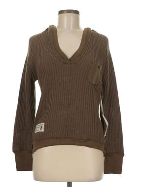 Peppercorn Brown Ribbed Knit Hoodie Sweater V-Neck Chest Pocket M